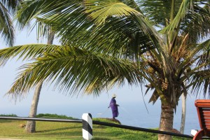 Two seconds after this was taken, the woman chased a bird with the hose - lots of fun.
